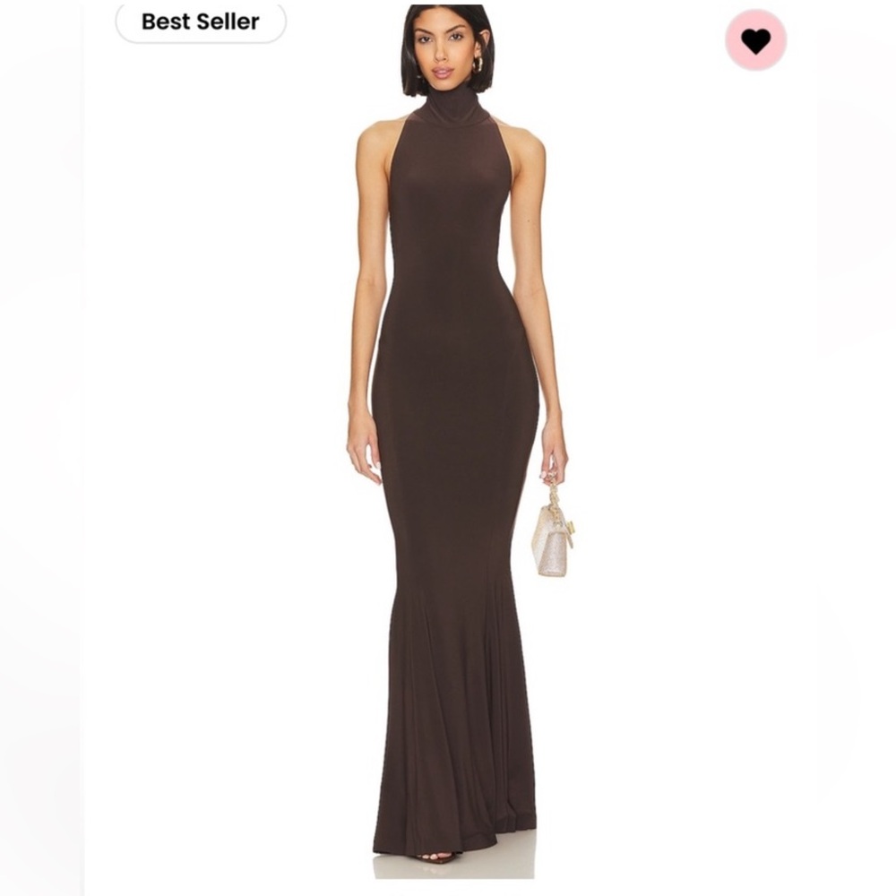Halter turtle fishtail gown in chocolate by Norma Kamali size XS
